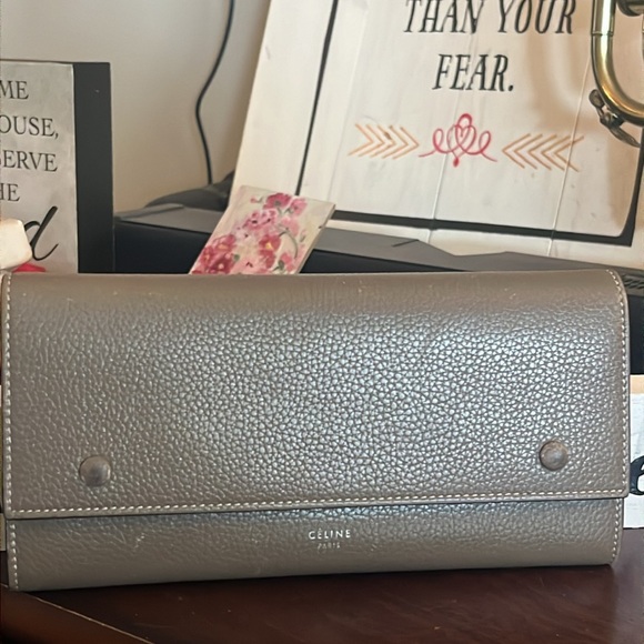 CELINE LARGE FLAP MULTIFUNCTION GRAY CALFSKIN LEATHER LONG BIFOLD WALLET EUC - Picture 1 of 13